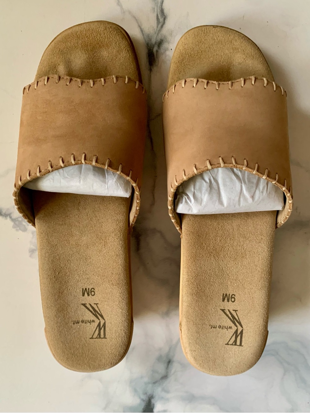 White Mountain Women's Beige Leather Slide Sandals Whipstitch Slip-On Casual 9M